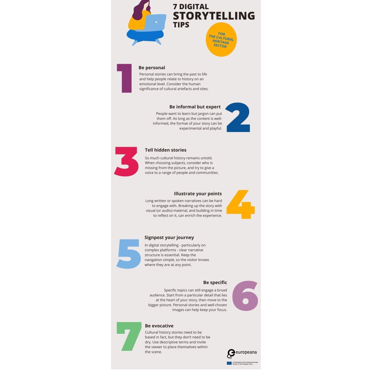 7 tips for Digital Storytelling: 1. Be personal 2. Be informal but expert 3.Tell those hidden stories 4. Illustrate your points 5. Signpost your journey 6. Be specific 7. Be evocative
